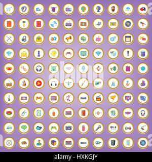 100 mobile app icons set in cartoon style Stock Vector