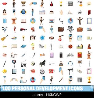 100 personal development icons set, cartoon style Stock Vector