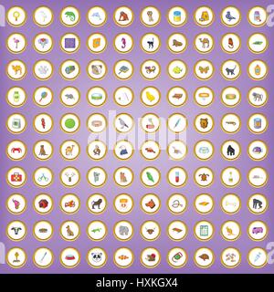 100 pets icons set in cartoon style Stock Vector