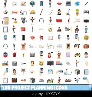 100 project planning icons set, cartoon style Stock Vector