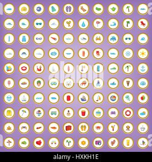 100 recreation icons set in cartoon style Stock Vector
