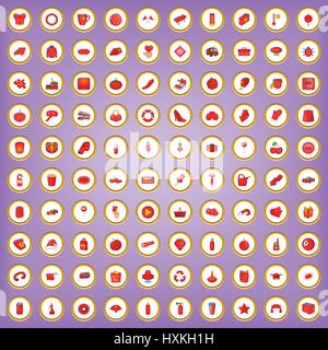 100 red icons set in cartoon style Stock Vector