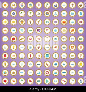 100 sea icons set in cartoon style Stock Vector