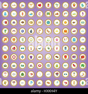 100 sea vacation icons set in cartoon style Stock Vector