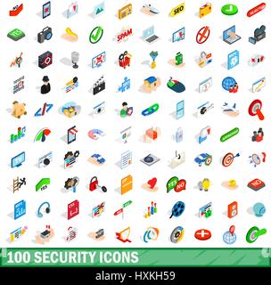 100 security icons set, isometric 3d style Stock Vector