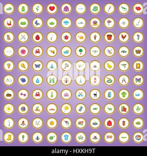 100 spring icons set in cartoon style Stock Vector
