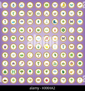 100 spring time icons set in cartoon style Stock Vector