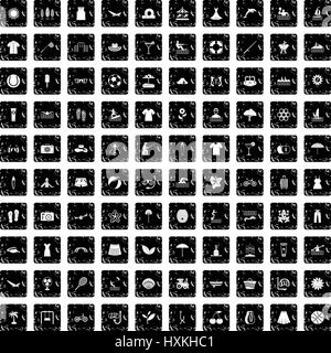 100 summer icons set, grunge style Stock Vector