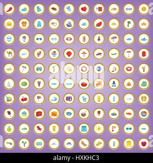 100 summer icons set in cartoon style Stock Vector