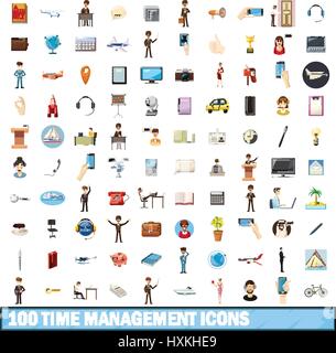 100 time management icons set, cartoon style Stock Vector