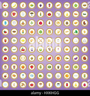 100 vegetarian cafe icons set in cartoon style Stock Vector