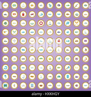 100 water icons set in cartoon style Stock Vector
