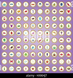 100 woman shopping icons set in cartoon style Stock Vector