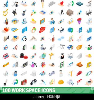 100 work space icons set, isometric 3d style Stock Vector
