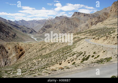 A panoramic view of the road between Sarchu and Pang in the mountains of Kashmir. Stock Photo