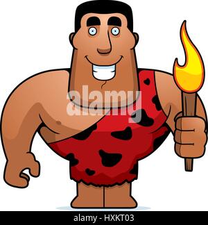 A cartoon illustration of a big caveman with a torch. Stock Vector
