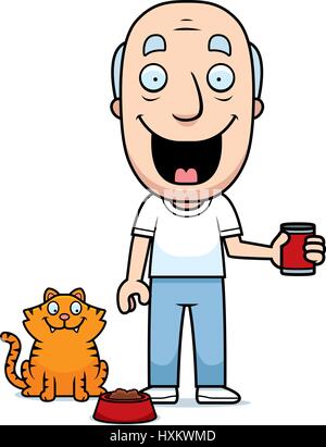 A happy cartoon man feeding the cat. Stock Vector