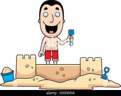 A cartoon illustration of a man building a sandcastle. Stock Vector