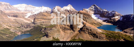 Aerial Panoramic Landscape Lake O'Hara Valley with Lake McArthur and Distant Snowy Rocky Mountain Peaks Skyline.  Yoho National Park, Canadian Rockies Stock Photo