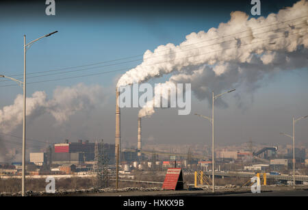 Coal-fired power plants cause extreme pollution in the capital city of Ulan Bator, Mongolia. Stock Photo