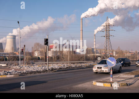 Coal-fired power plants cause extreme pollution in the capital city of Ulan Bator, Mongolia. Stock Photo