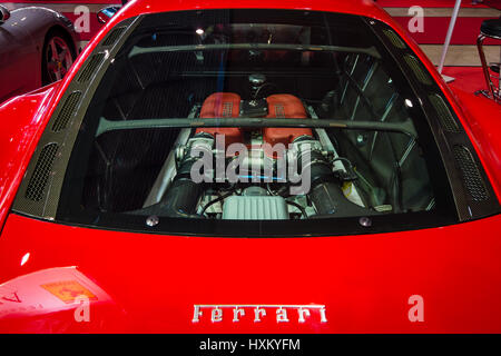 Engine compartment of the Ferrari 360 Challenge Stradale. Europe's greatest classic car exhibition 'RETRO CLASSICS' Stock Photo