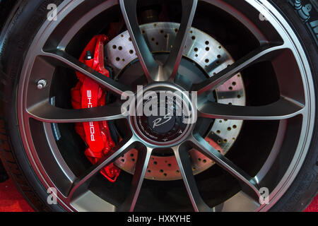 Front brake system of the sports car Porsche 991/911 GT3 RS, 2017. Europe's greatest classic car exhibition 'RETRO CLASSICS' Stock Photo