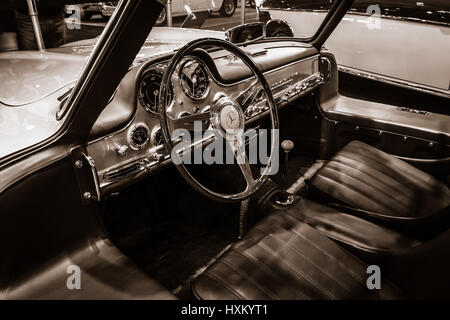 Cabin of the Mercedes-Benz 300 SL (W198). Stylization. Sepia toning. Europe's greatest classic car exhibition 'RETRO CLASSICS' Stock Photo