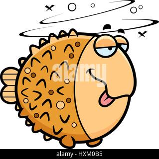 A cartoon illustration of a pufferfish looking drunk. Stock Vector