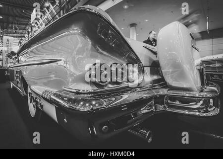 Fragment of the full-size car Chevrolet Impala convertible, 1958. Stylization. Black and white. Stock Photo