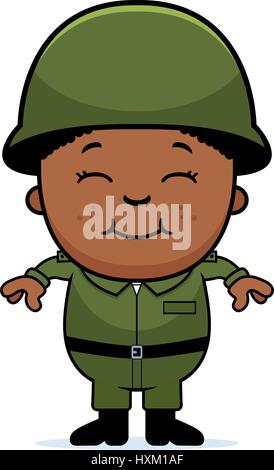 A cartoon illustration of an army soldier boy standing and smiling. Stock Vector