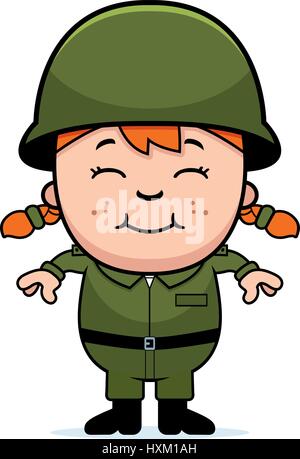 A cartoon illustration of an army soldier girl standing and smiling. Stock Vector