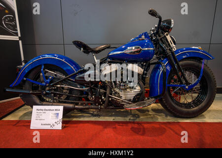 STUTTGART, GERMANY - MARCH 02, 2017: US Army motorcycle Harley-Davidson WLA, 1942. Europe's greatest classic car exhibition 'RETRO CLASSICS'