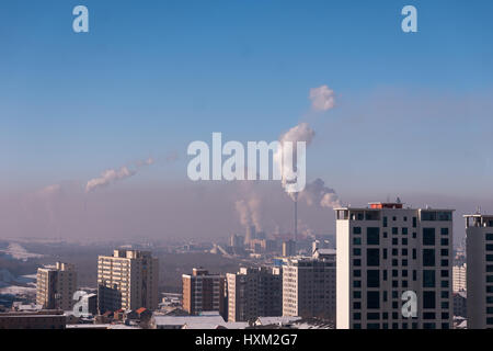 Coal-fired power plants cause extreme pollution in the capital city of Ulan Bator, Mongolia. Stock Photo