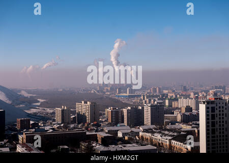 Coal-fired power plants cause extreme air pollution in Ulaanbaatar, Mongolia. Stock Photo