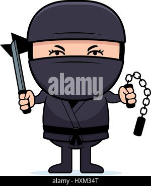 A cartoon illustration of a little ninja with weapons. Stock Vector