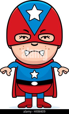 A cartoon illustration of a boy superhero looking angry. Stock Vector