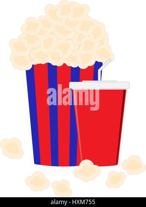 Cardboard bowl full of popcorn and a glass with drinks on a white background Stock Vector