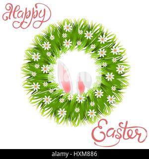 Happy easter. Green wreath of grass and chamomile. Rabbit ears. illustration Stock Vector