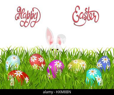 Happy easter. Easter painted eggs with a pattern of daisies and a rabbit in the grass. Isolated on white background. illustration Stock Vector