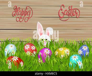Happy easter. Easter colored eggs with a pattern of daisies in the grass. Rabbit on wood texture background. illustration Stock Vector