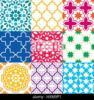 Moroccan tiles design, seamless geometric pattern collections in blue, green, red, orange, navy blue Stock Vector