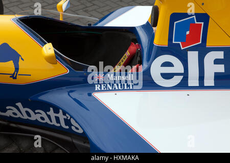 Close-up of Nigel Mansells race winning, 1992, Williams FW14B Formula One Car, on display at the Silverstone Classic Media Day Stock Photo