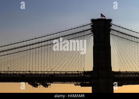 Brooklyn Bridge, bridge piers in backlight, Manhattan, New York City, New York, USA Stock Photo