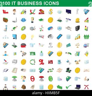 100 it business icons set, cartoon style Stock Vector