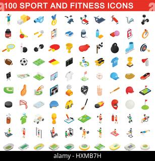 100 sport and fitness icons set, isometric style Stock Vector