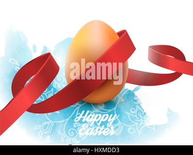Easter egg with red ribbon, isolated on white. Poster or brochure template. Vector illustration Stock Vector