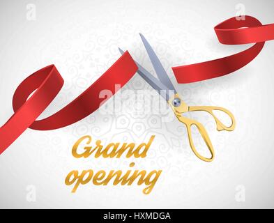 Grand opening illustration with red ribbon and gold scissors isolated on white. Stock Vector