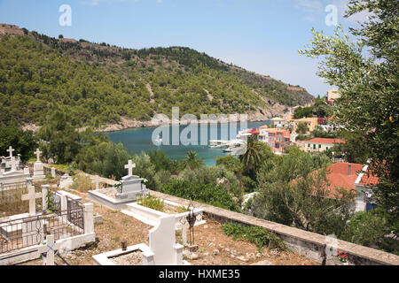 View over the pretty village of Assos, on the island of Kefalonia in Greece, seen from the cemetery Stock Photo