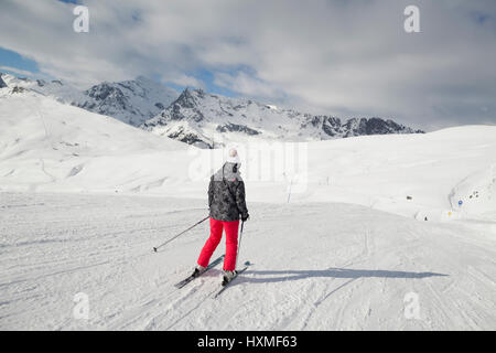 A skier at Domaine de Balme ski resort in Le Tour outside of Chamonix-Mont-Blanc. Stock Photo